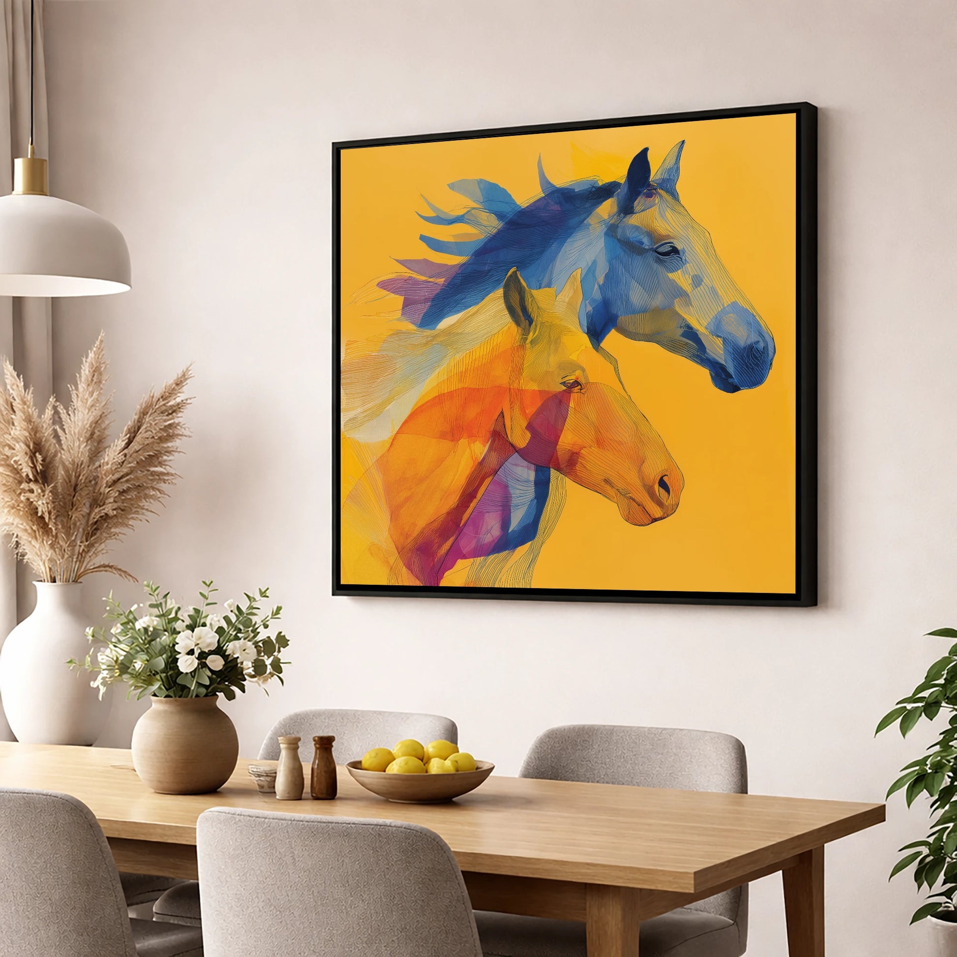 Cobalt and Amber Duet horse landscape wall art displayed in a dining room