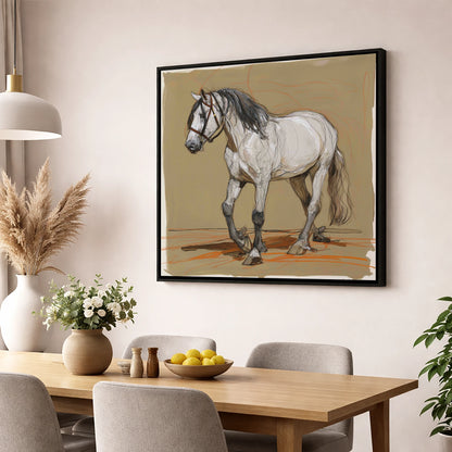 Spirited Grey Study horse breed wall art displayed in a dining room