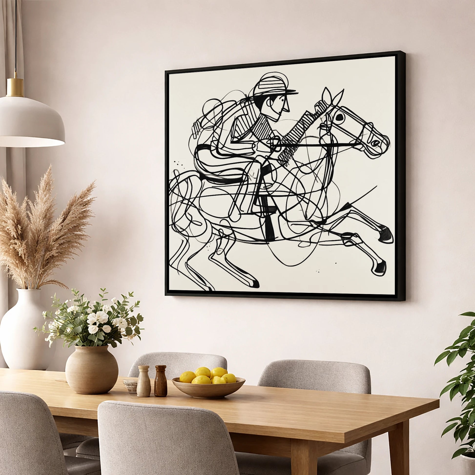 The Abstract Sprint racing horse wall art displayed in a dining room