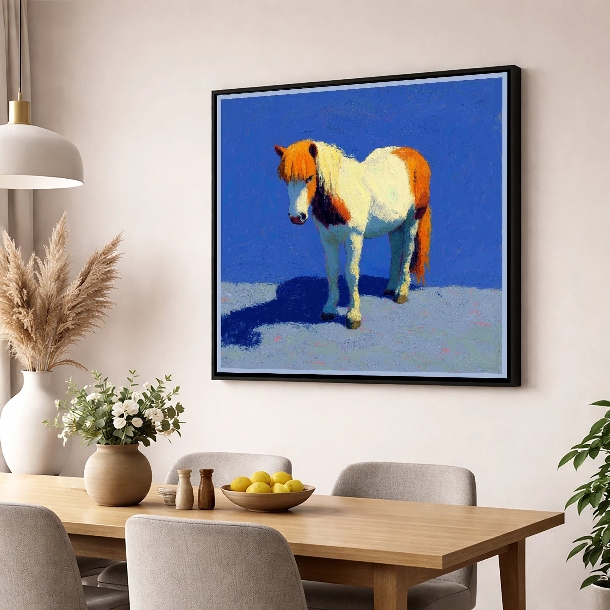 Sunlit Skewbald Pony horse breed wall art displayed in a dining room