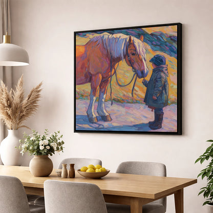 A Gentle Exchange horse & rider wall art displayed in a dining room