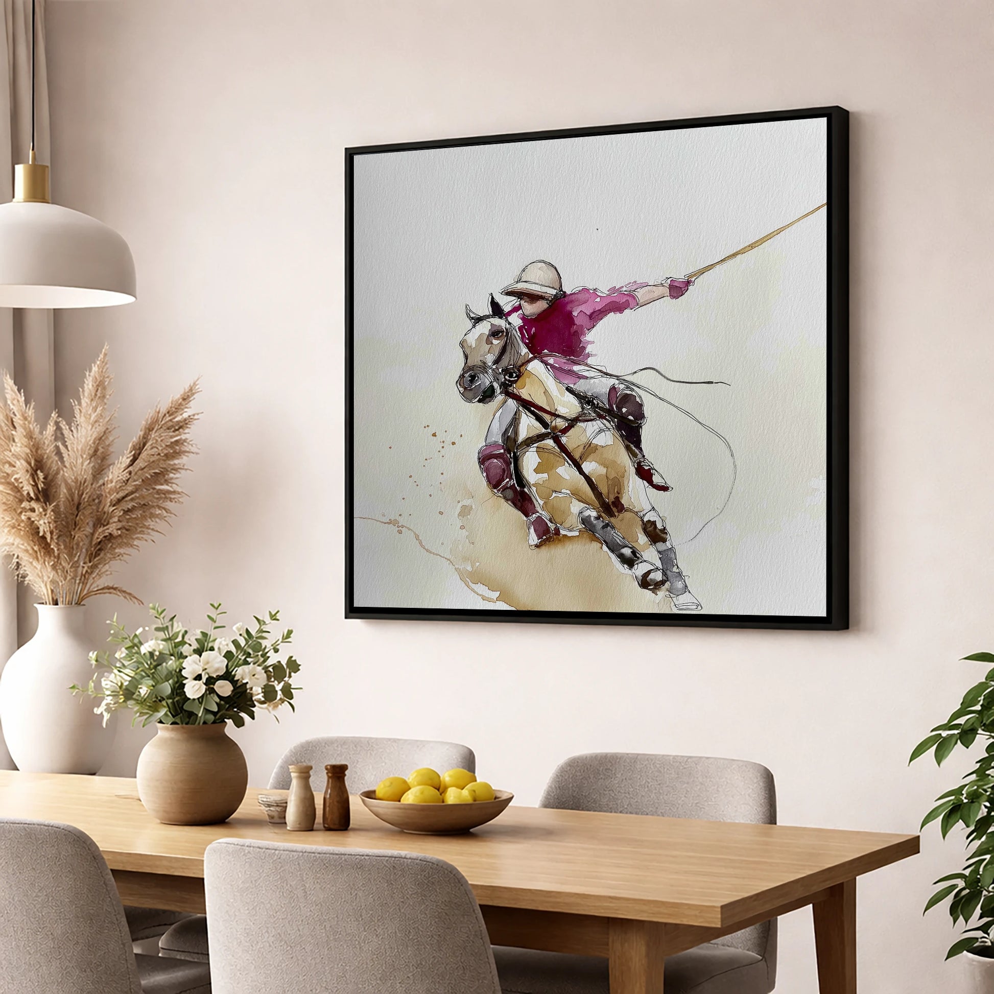 The Decisive Swing polo horse wall art displayed in a dining room