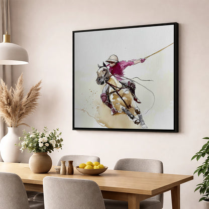 The Decisive Swing polo horse wall art displayed in a dining room