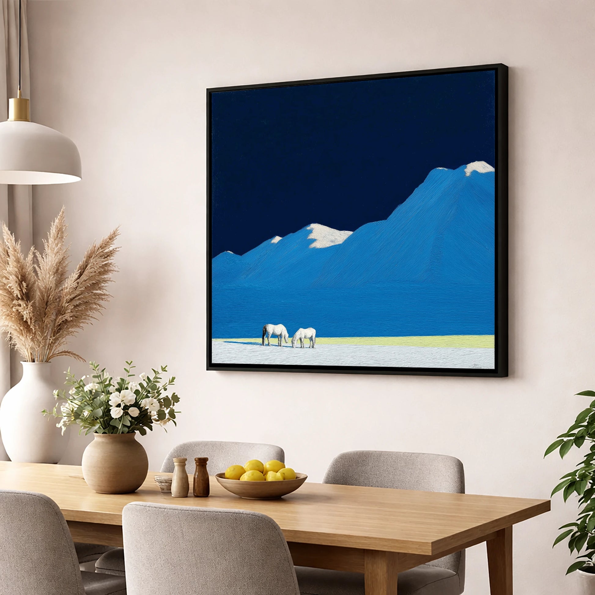 Cobalt Peaks and Greys horse landscape wall art displayed in a dining room