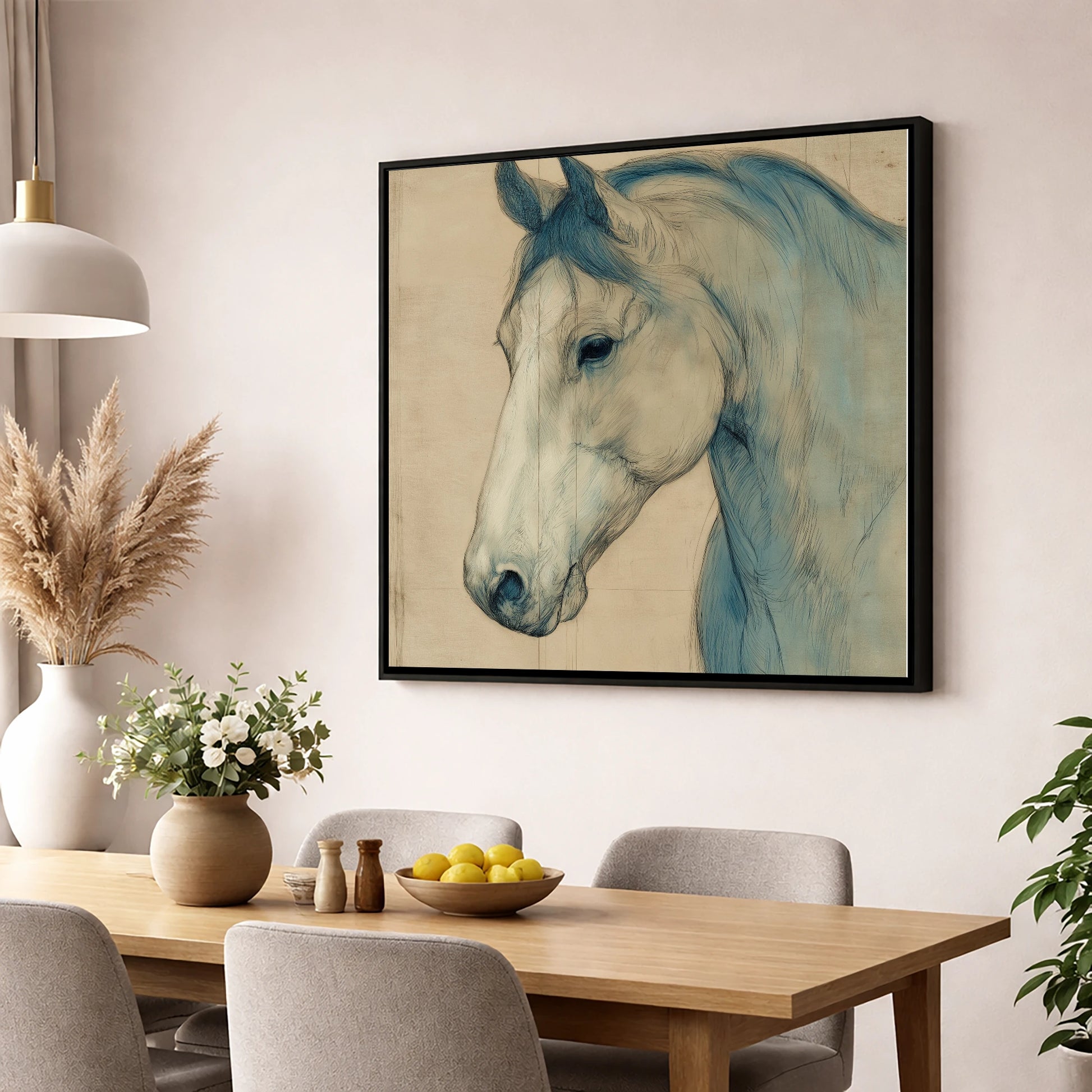 Parchment Profile Study horse portrait wall art displayed in a dining room
