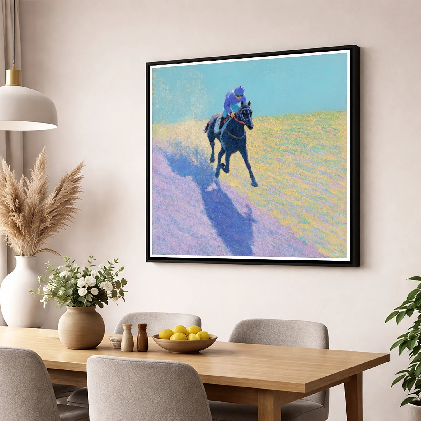 Pastel Morning Canter racing horse wall art displayed in a dining room