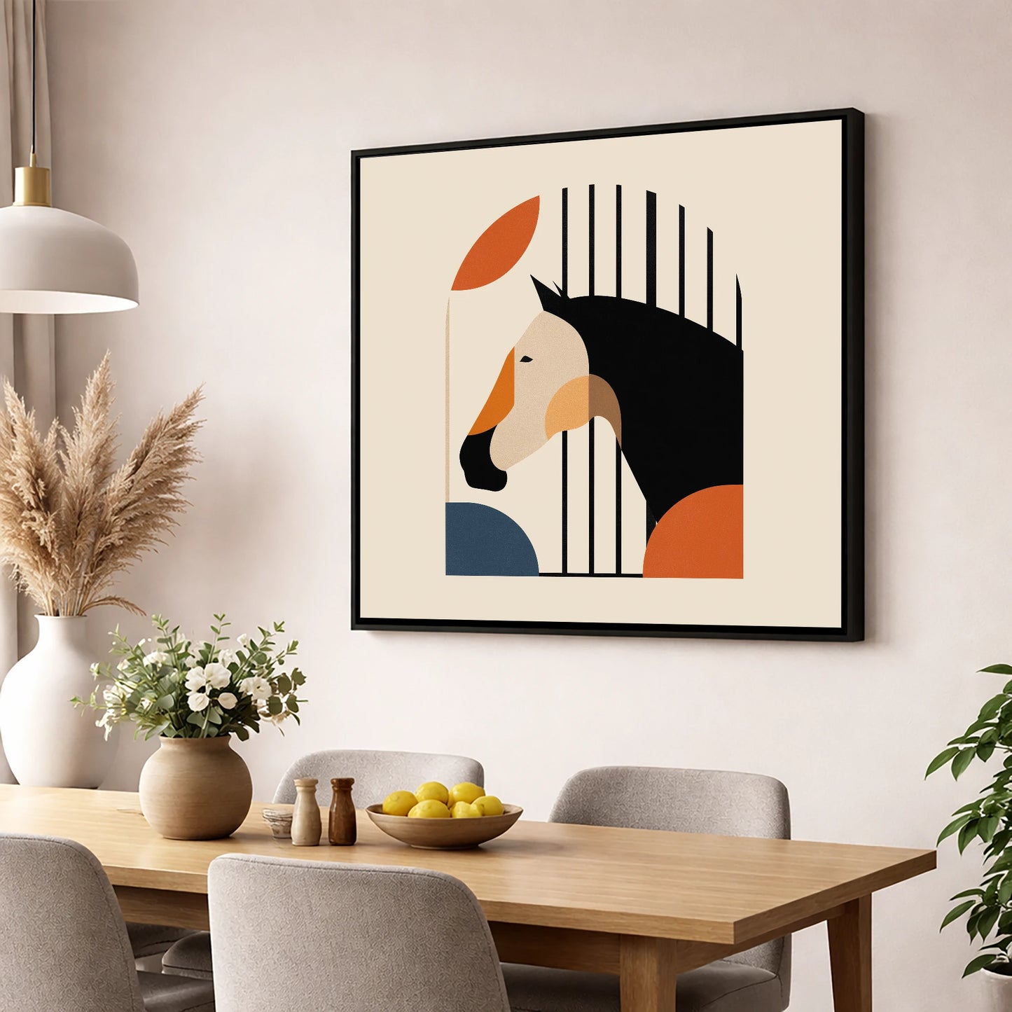 Geometric Stable Profile horse stable wall art displayed in a dining room