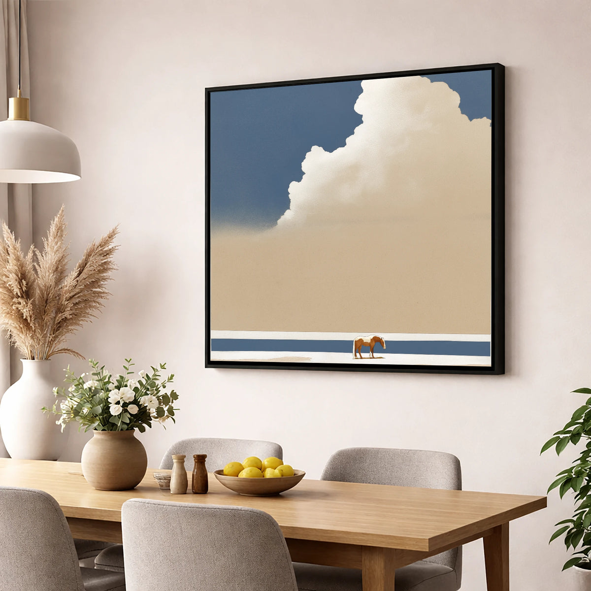 Vast Blue Expanse horse landscape wall art displayed in a dining room