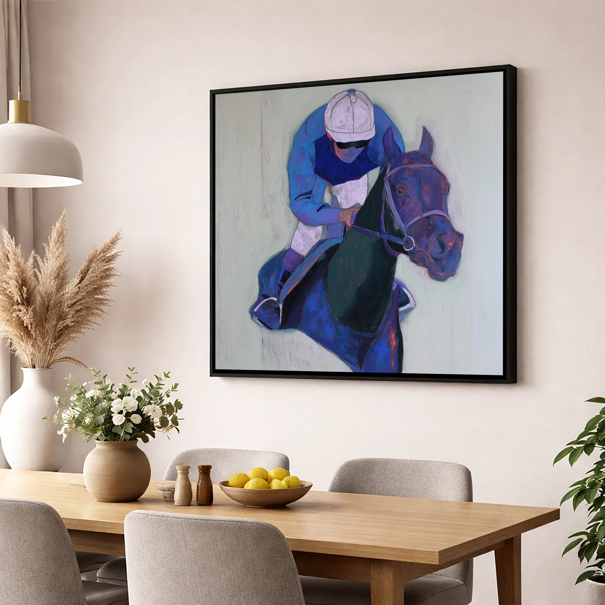Focused in Blue racing horse wall art displayed in a dining room