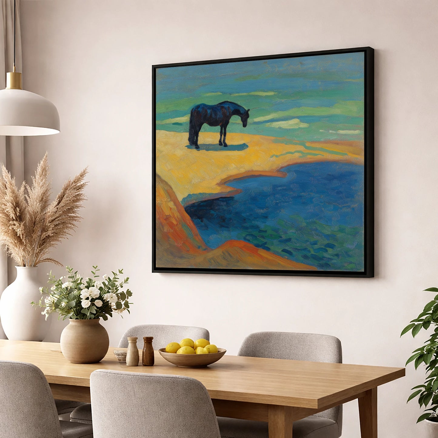 Vibrant Coastal Solitude horse landscape wall art displayed in a dining room