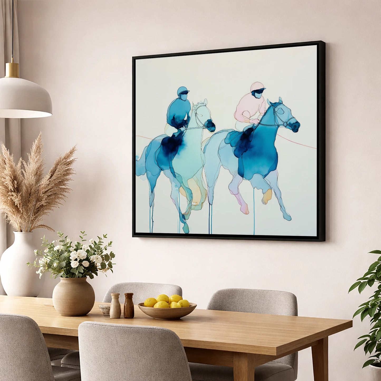 Ethereal Racing Silks racing horse wall art displayed in a dining room