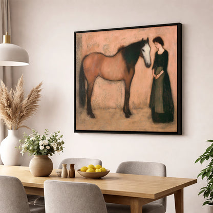 The Quiet Bond horse & rider wall art displayed in a dining room
