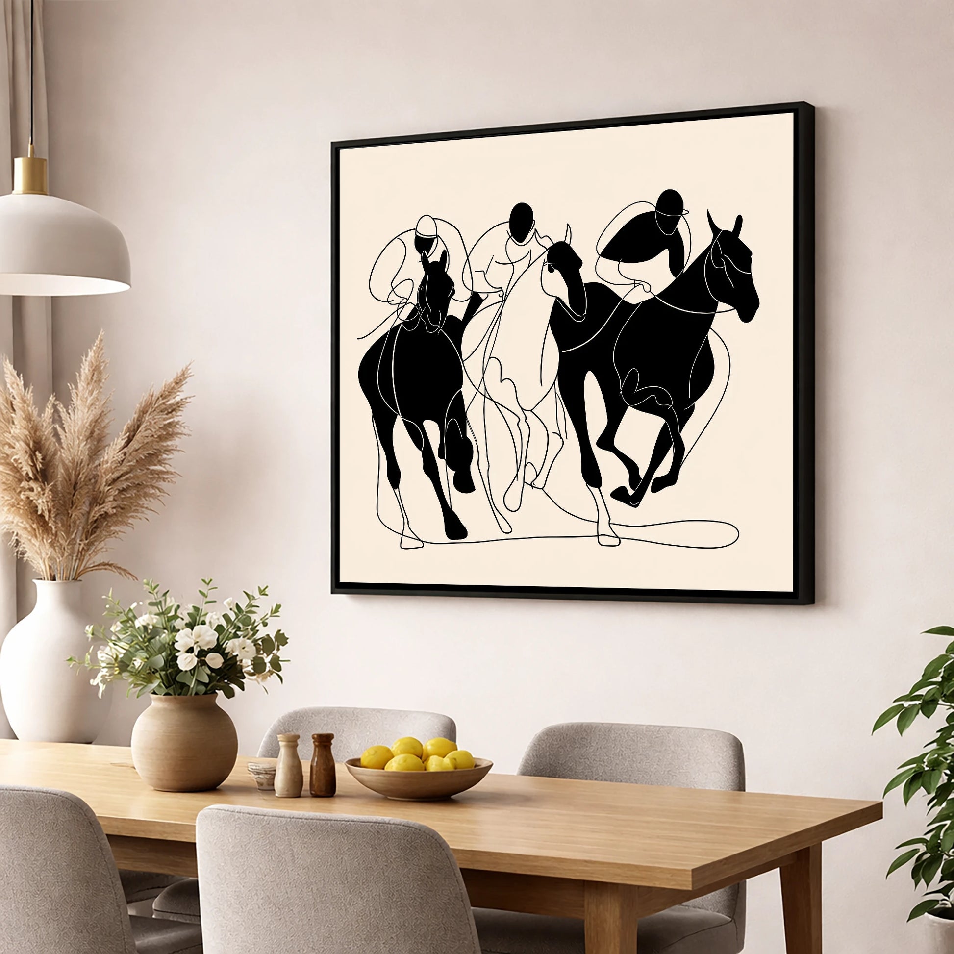 The Racing Line racing horse wall art displayed in a dining room