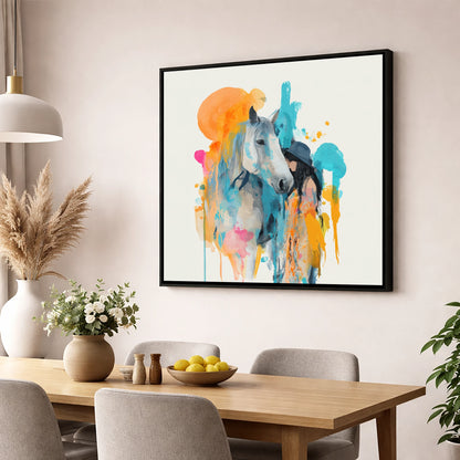 Vibrant Connection horse & rider wall art displayed in a dining room