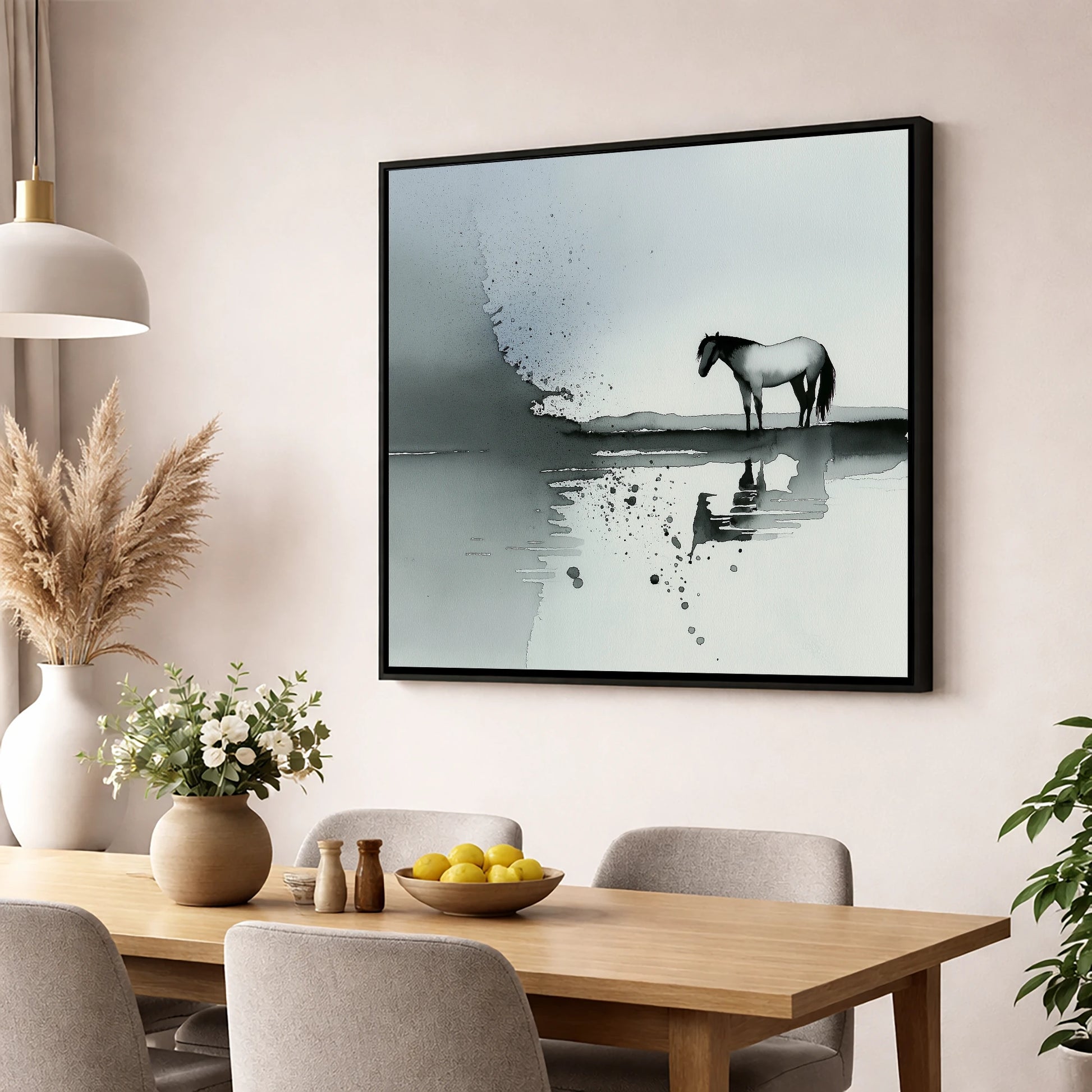 Stillness in Grey horse landscape wall art displayed in a dining room