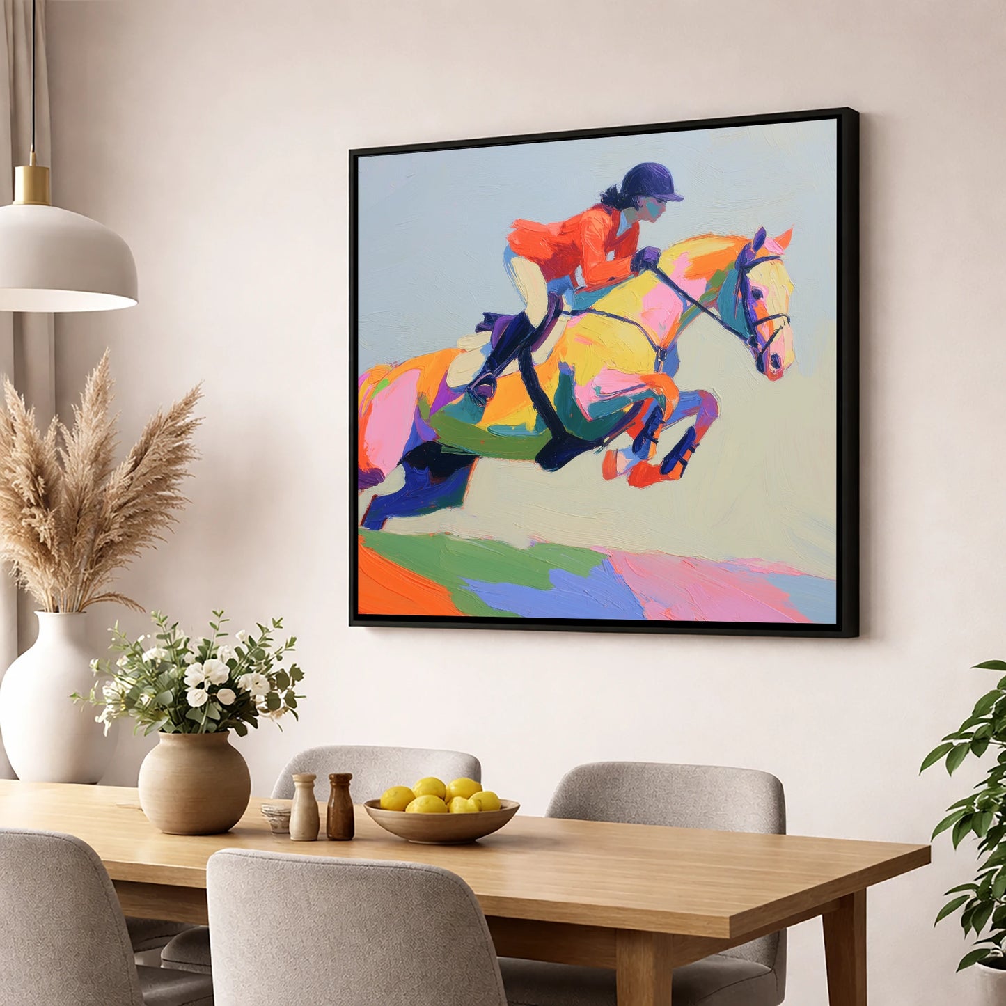 Chromatic Showjumper show jumping horse wall art displayed in a dining room