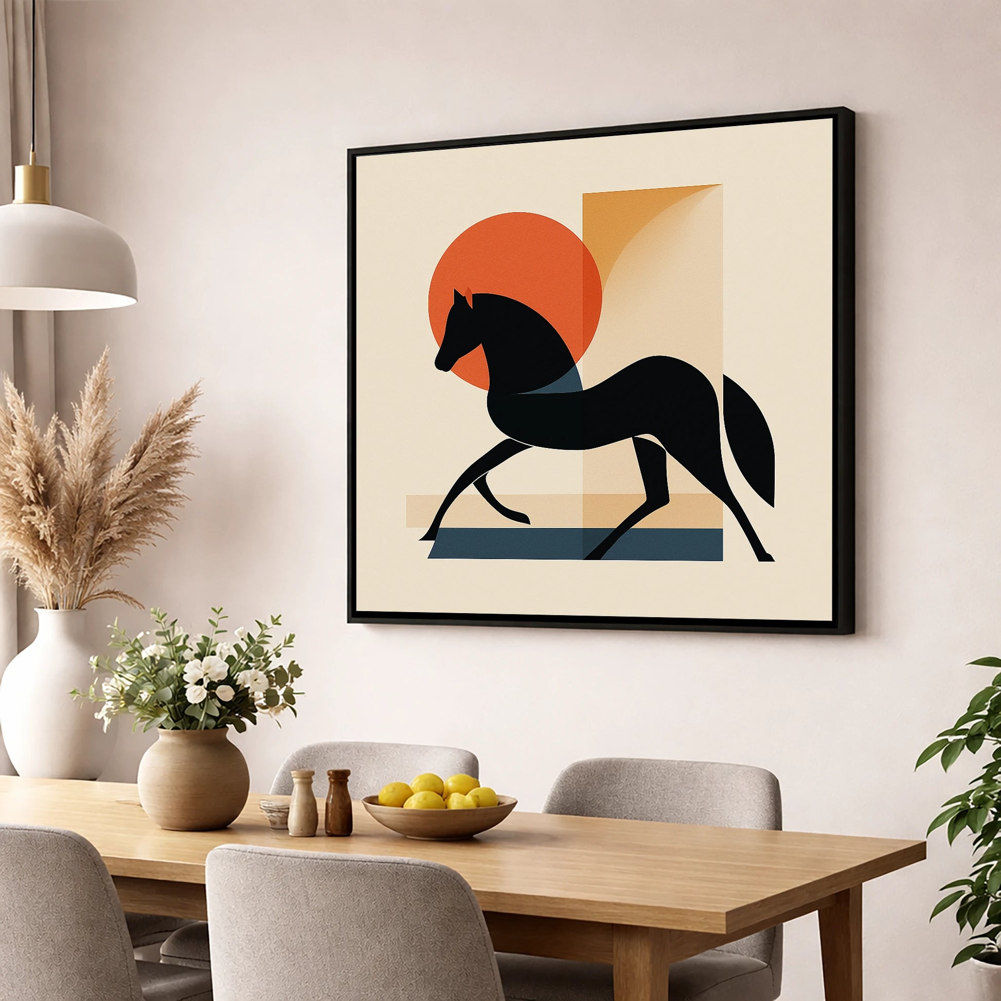 Mid-Century Equine Silhouette horse portrait wall art displayed in a dining room