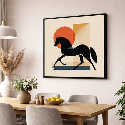 Mid-Century Equine Silhouette horse portrait wall art displayed in a dining room