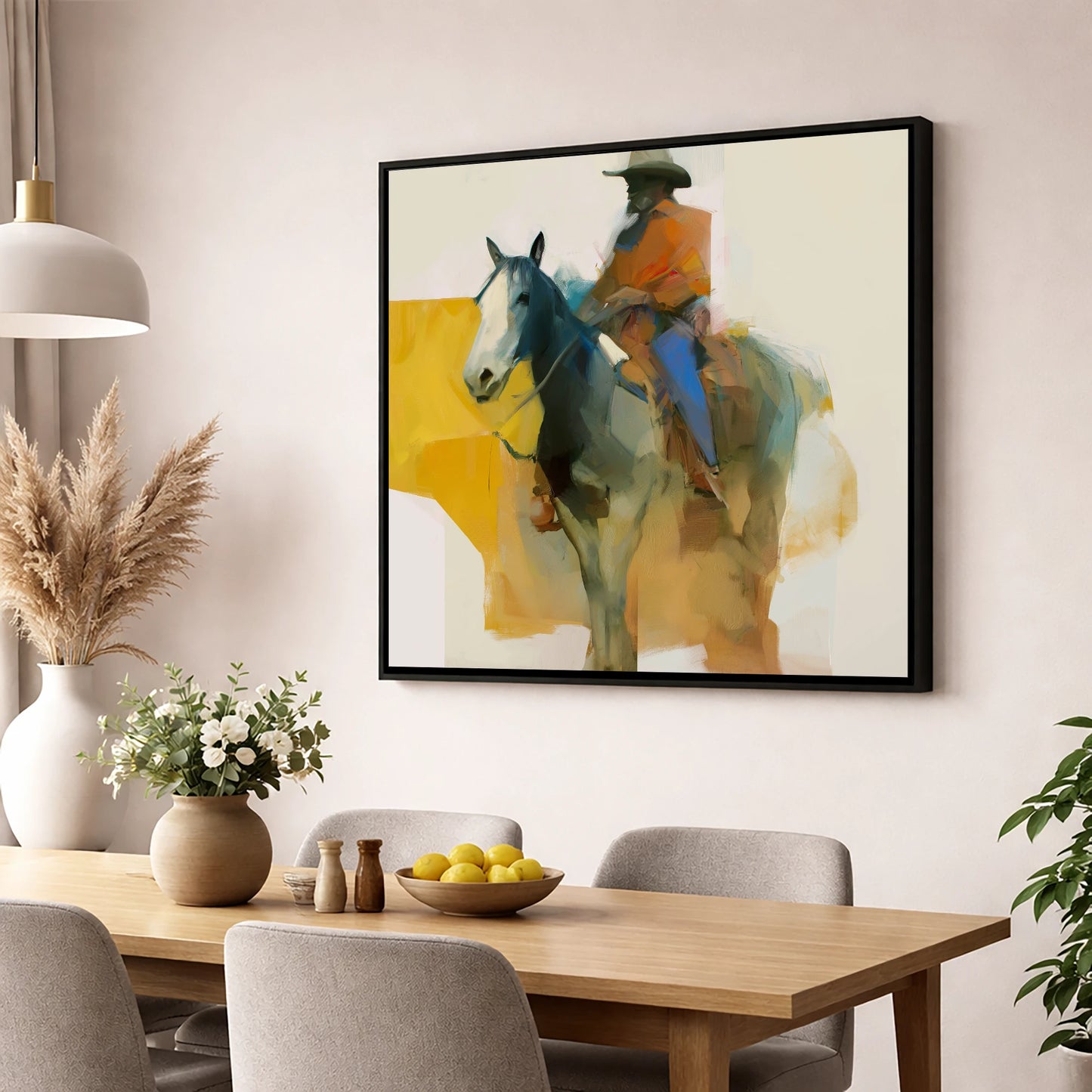 Golden Hour Cowboy western horse wall art displayed in a dining room