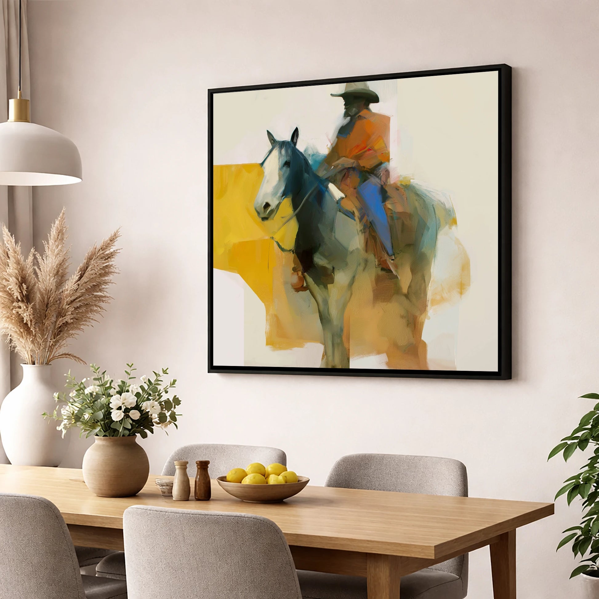 Golden Hour Cowboy western horse wall art displayed in a dining room