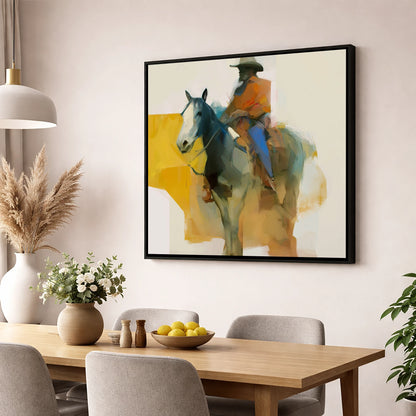 Golden Hour Cowboy western horse wall art displayed in a dining room