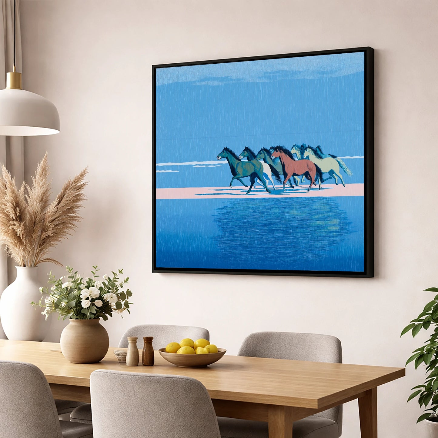 Coastal Canter wild horses wall art displayed in a dining room