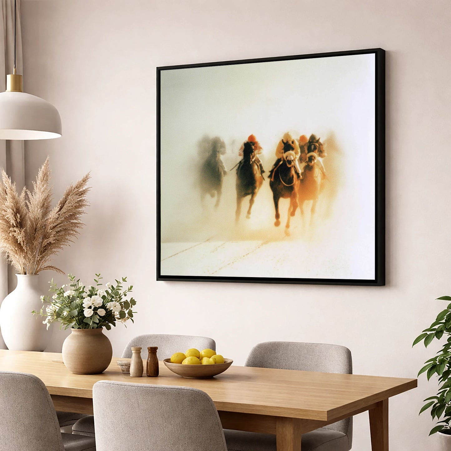 Emerging From The Mist racing horse wall art displayed in a dining room
