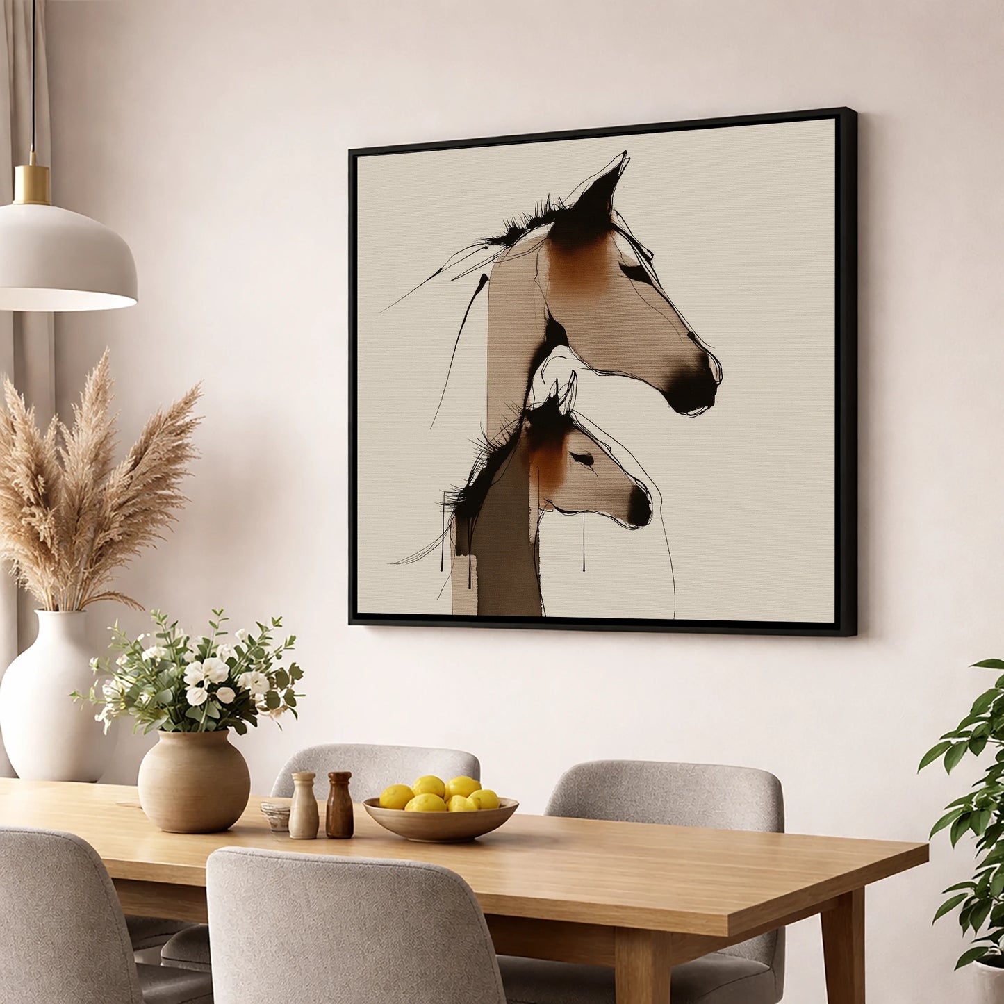 Tender Sepia Bond mare & foal wall art displayed in a dining room