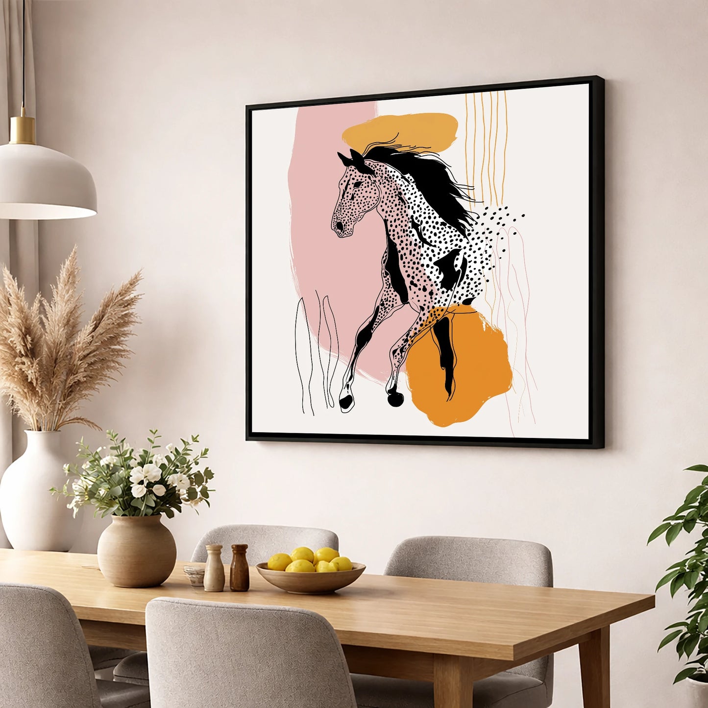 Contemporary Spotted Silhouette horse portrait wall art displayed in a dining room