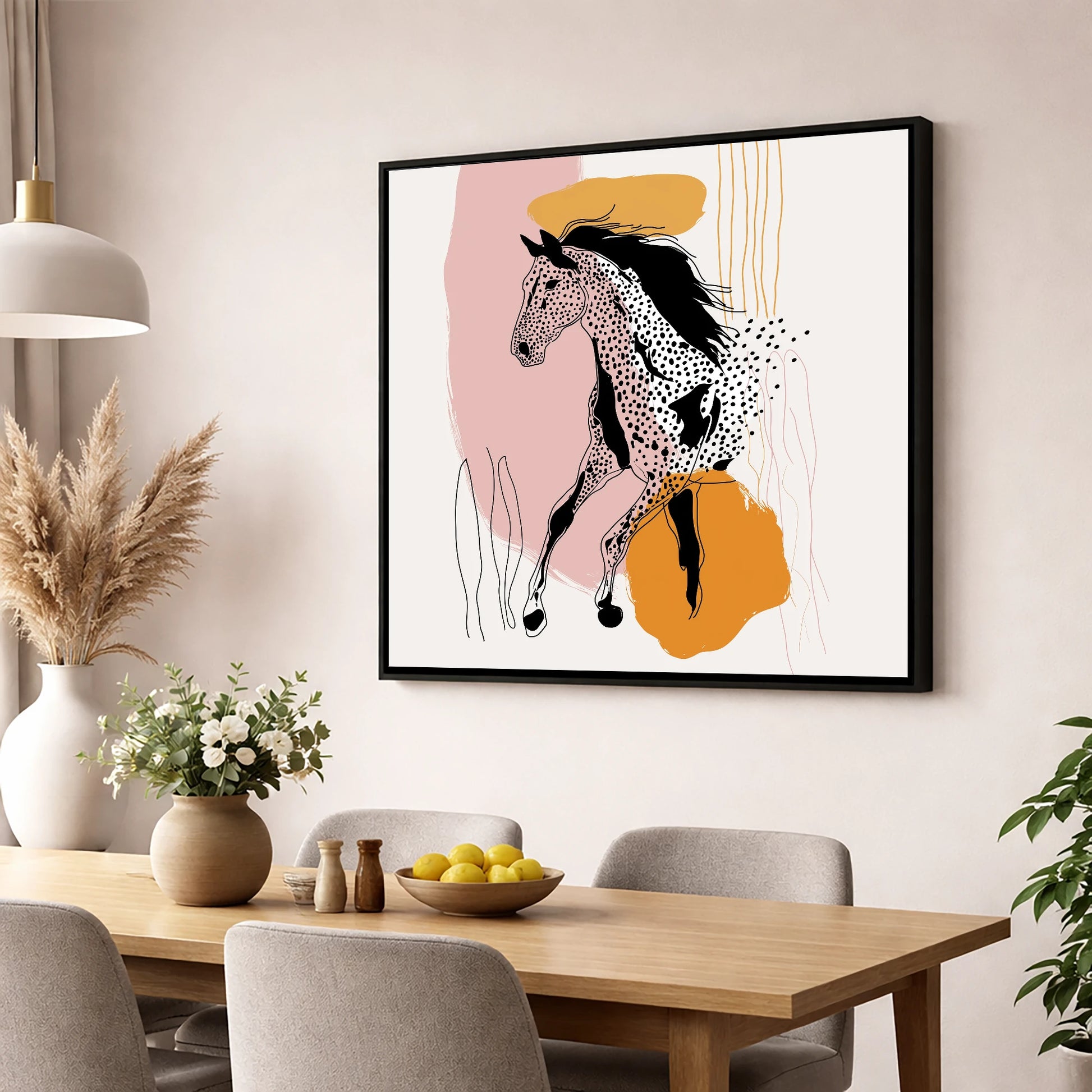 Contemporary Spotted Silhouette horse portrait wall art displayed in a dining room