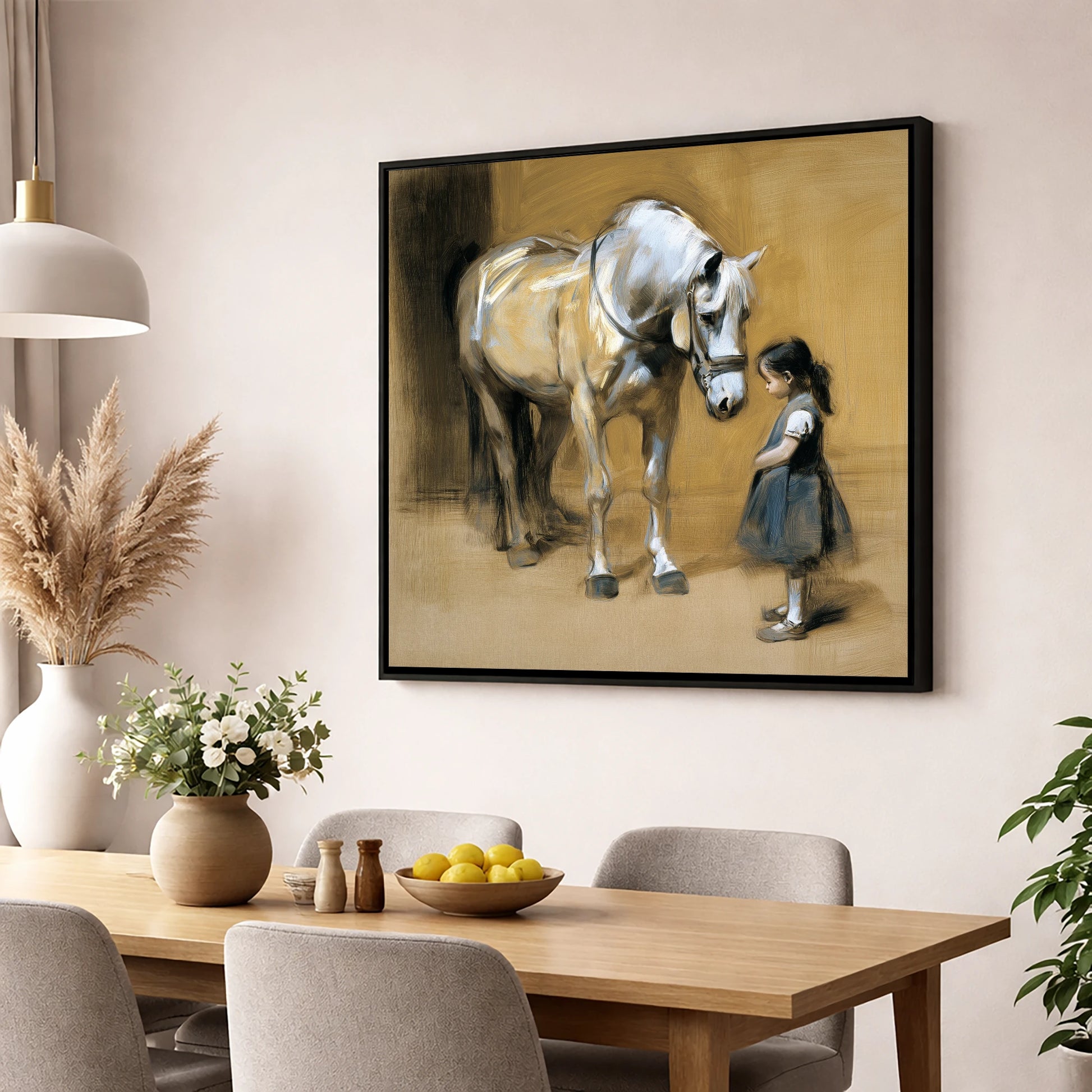 A Quiet Greeting horse & rider wall art displayed in a dining room