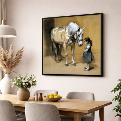 A Quiet Greeting horse & rider wall art displayed in a dining room
