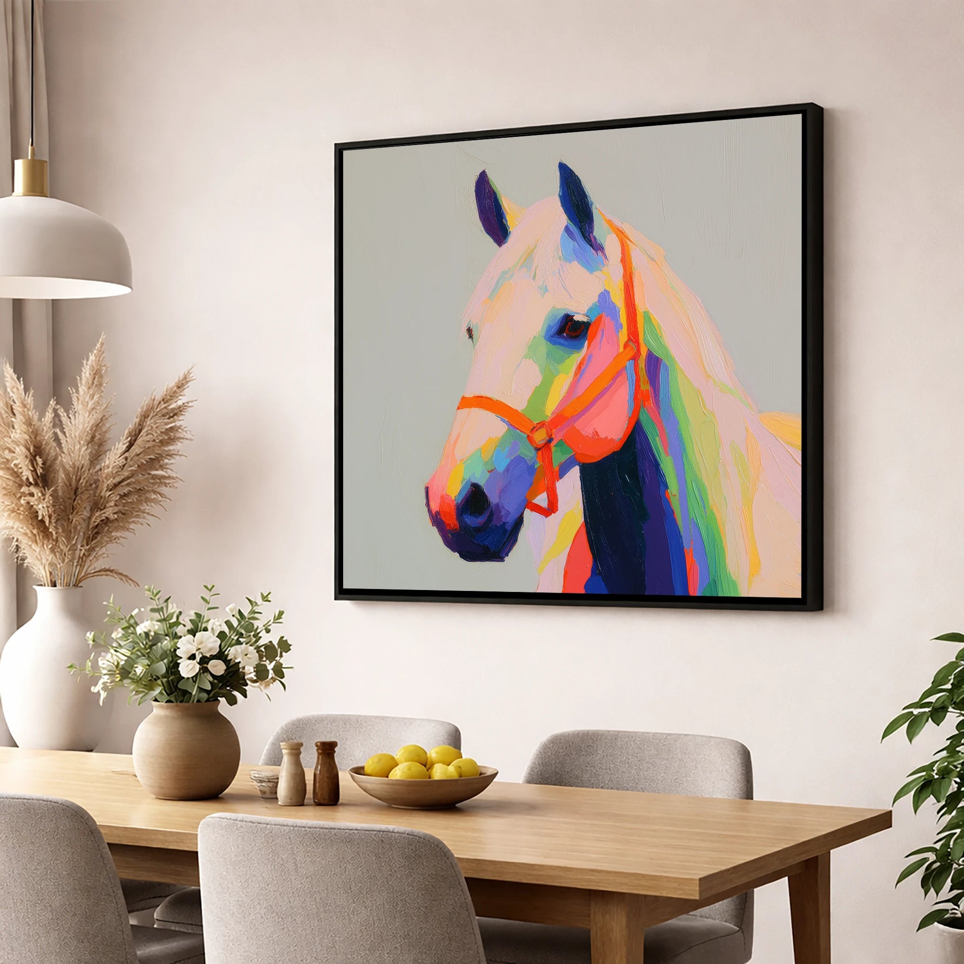 Prismatic Equine Profile horse portrait wall art displayed in a dining room