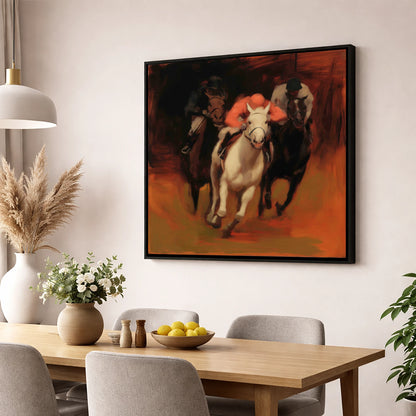Breaking from the Pack racing horse wall art displayed in a dining room
