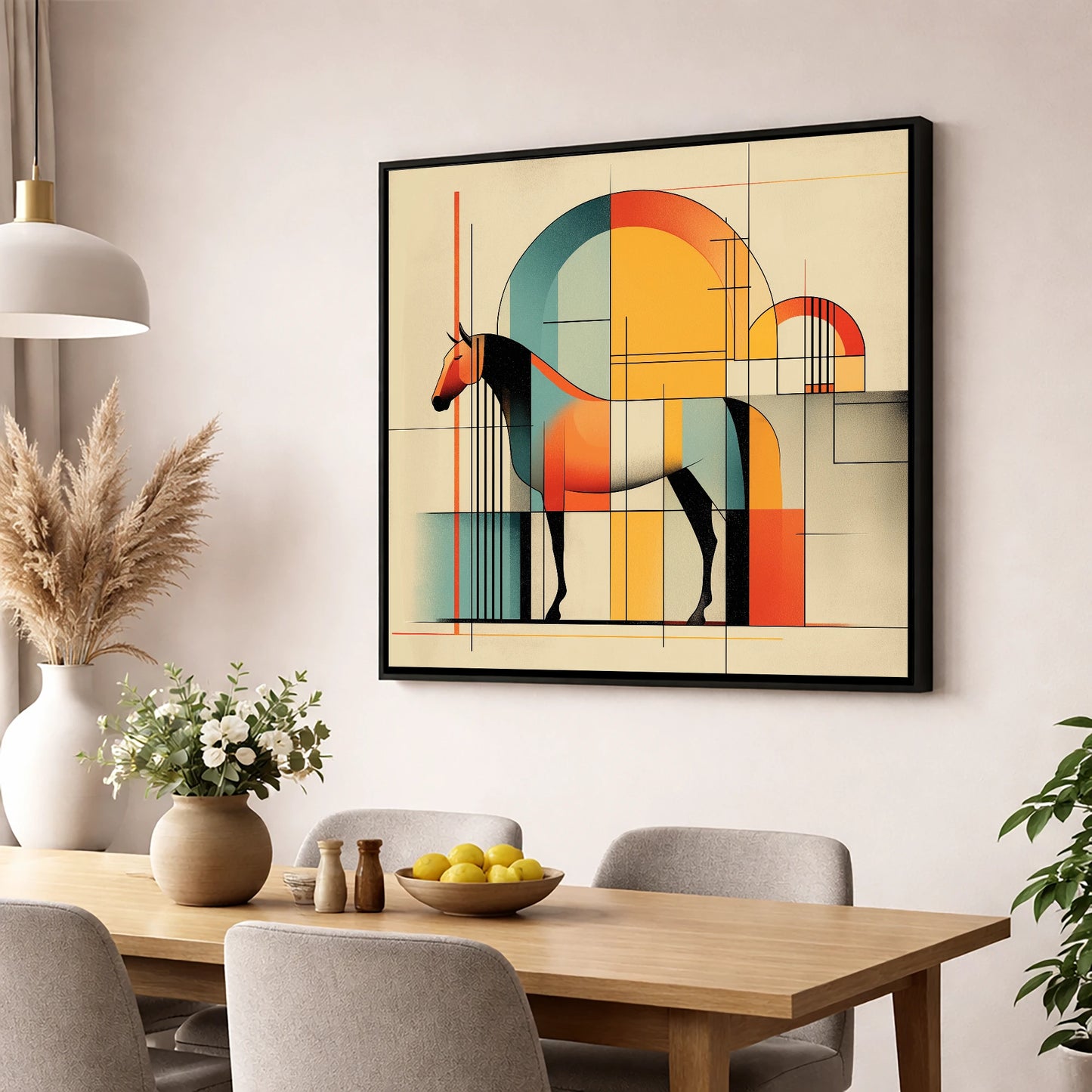 Structured Equine Harmony horse stable wall art displayed in a dining room