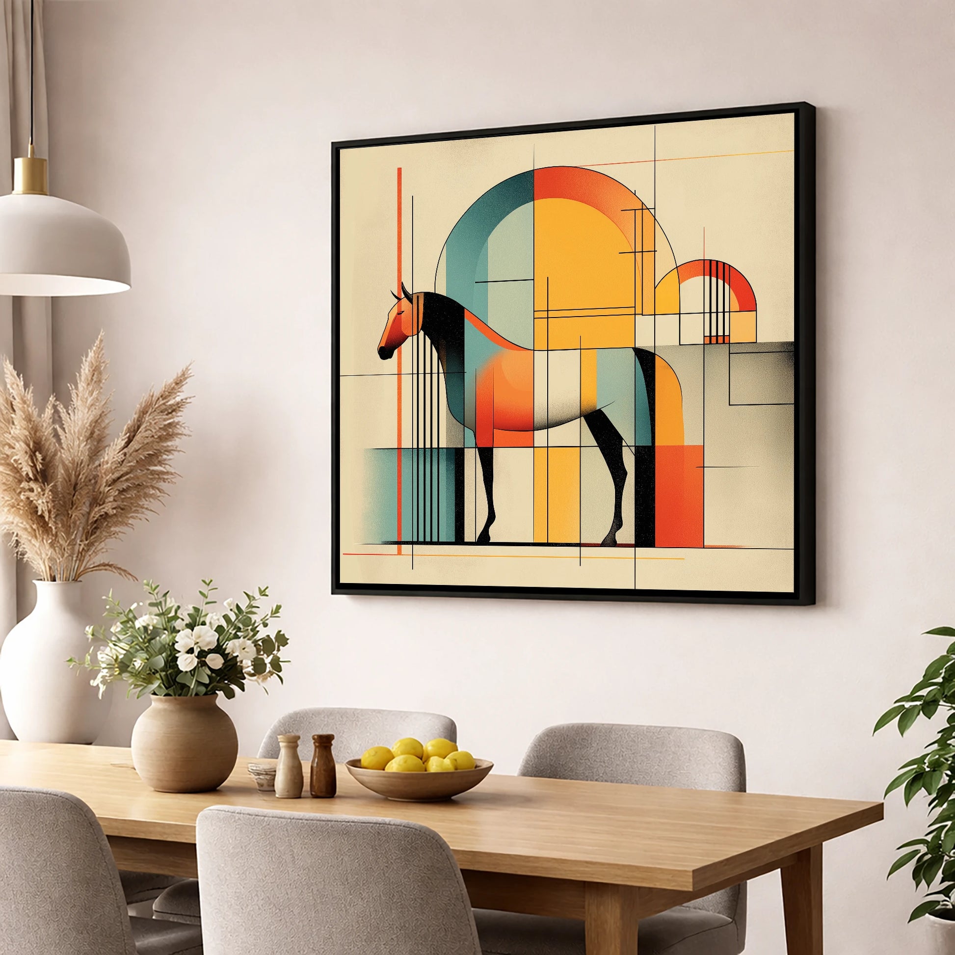 Structured Equine Harmony horse stable wall art displayed in a dining room