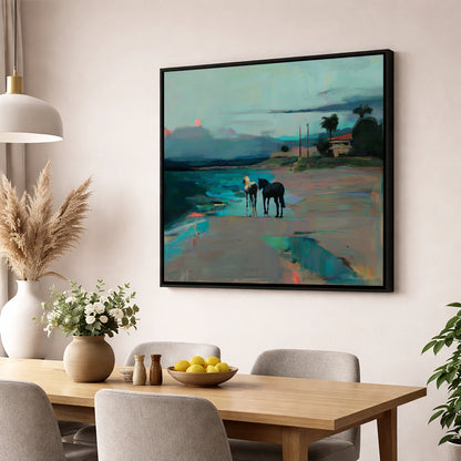 Dusk on the Shoreline horse landscape wall art displayed in a dining room