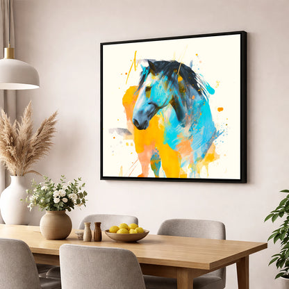 Azure Spirit horse portrait wall art displayed in a dining room