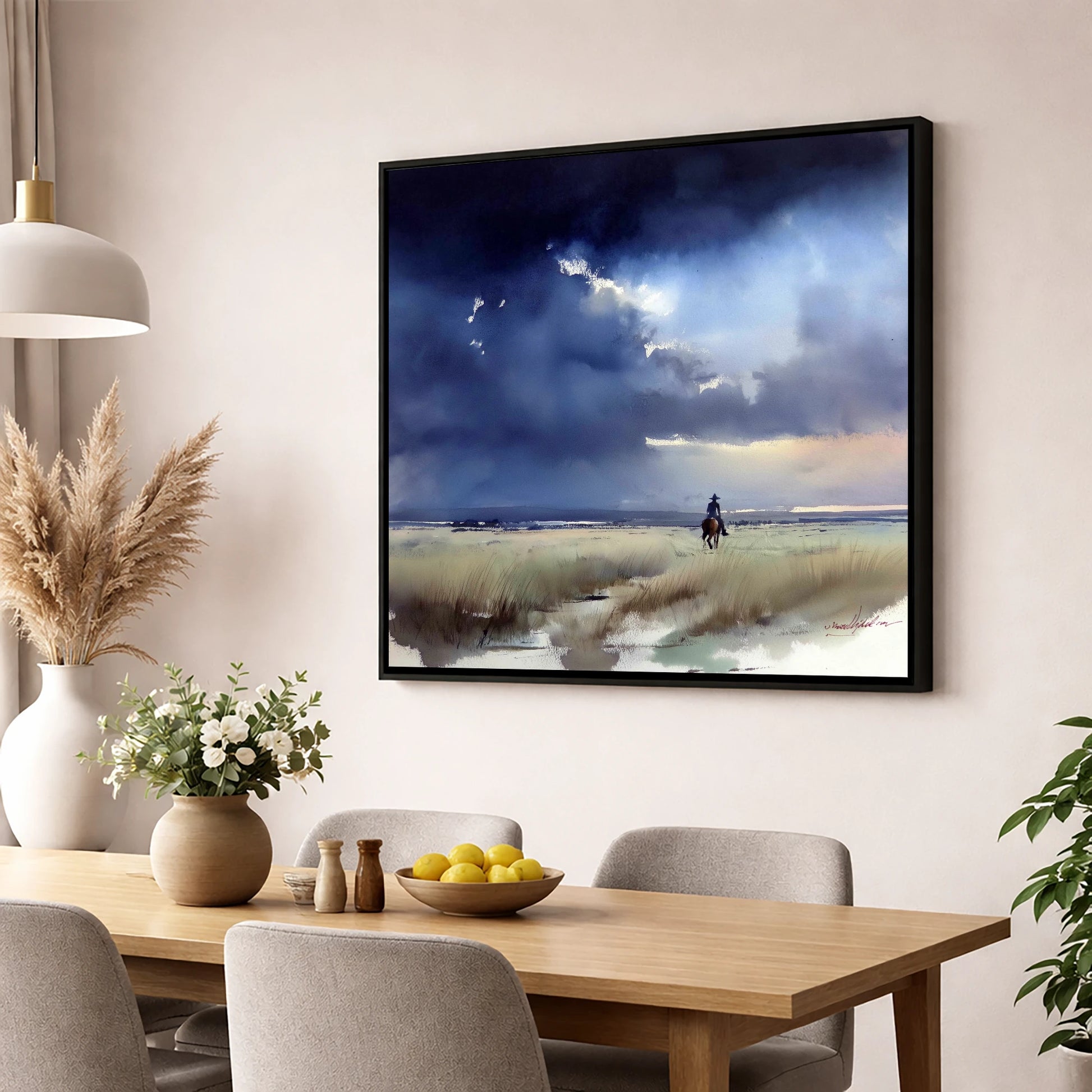 Storm Over the Plains horse landscape wall art displayed in a dining room