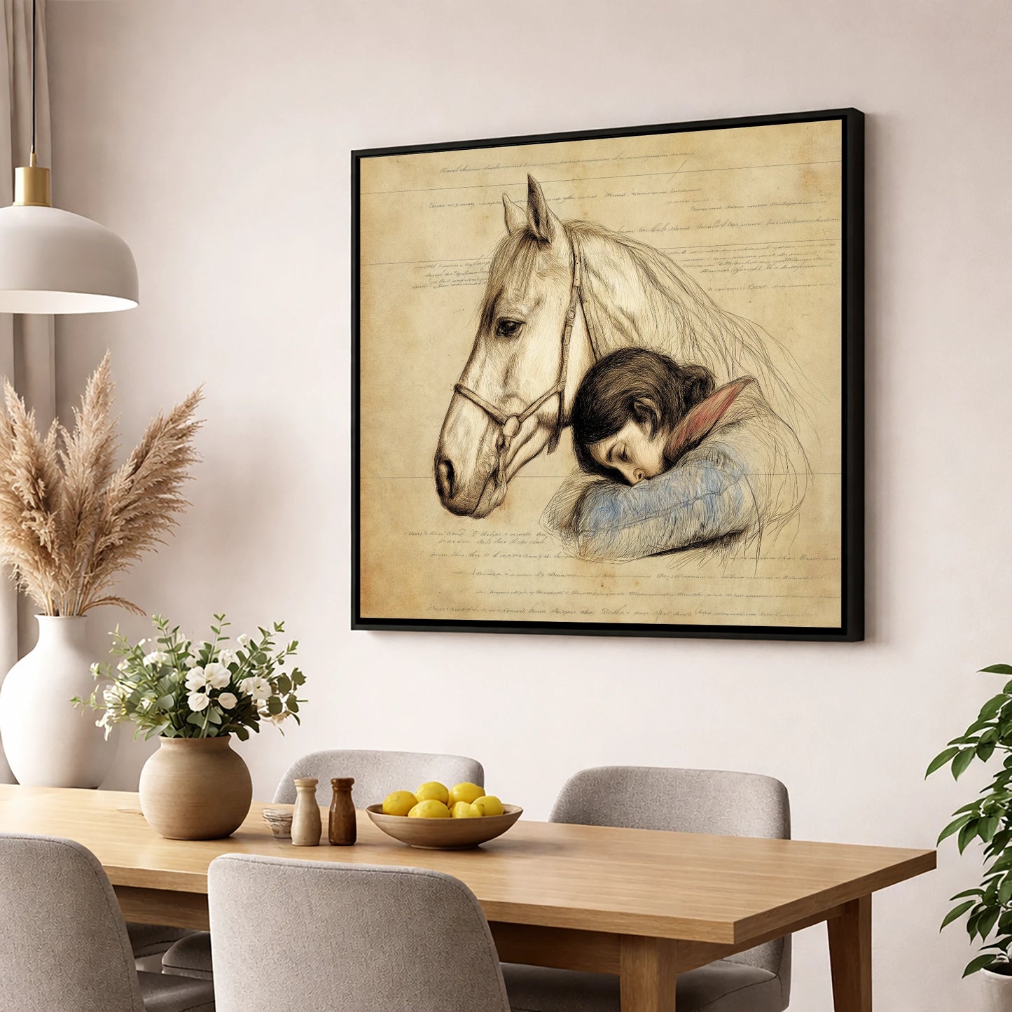 Timeless Connection horse & rider wall art displayed in a dining room