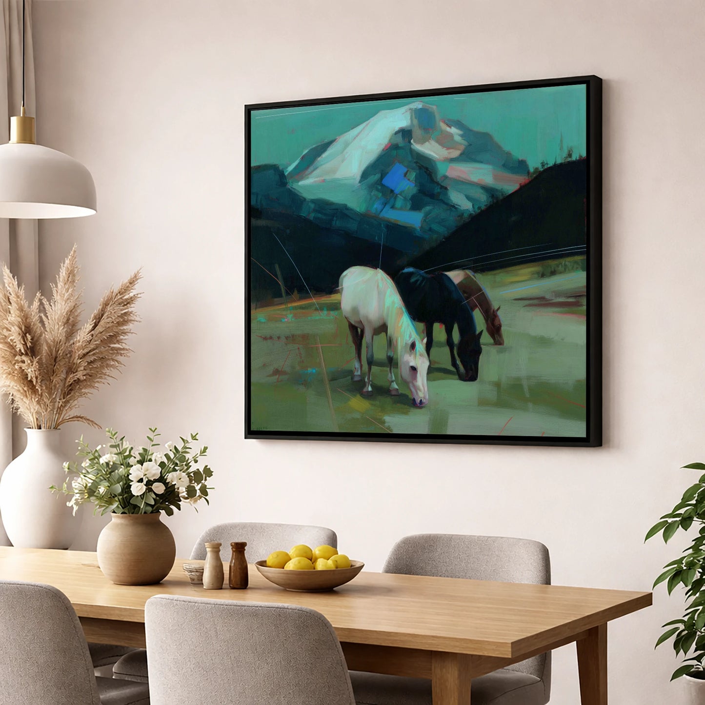 Teal Mountain Pasture horse landscape wall art displayed in a dining room