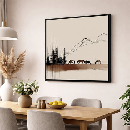 Grazing Beneath the Pines horse landscape wall art displayed in a dining room