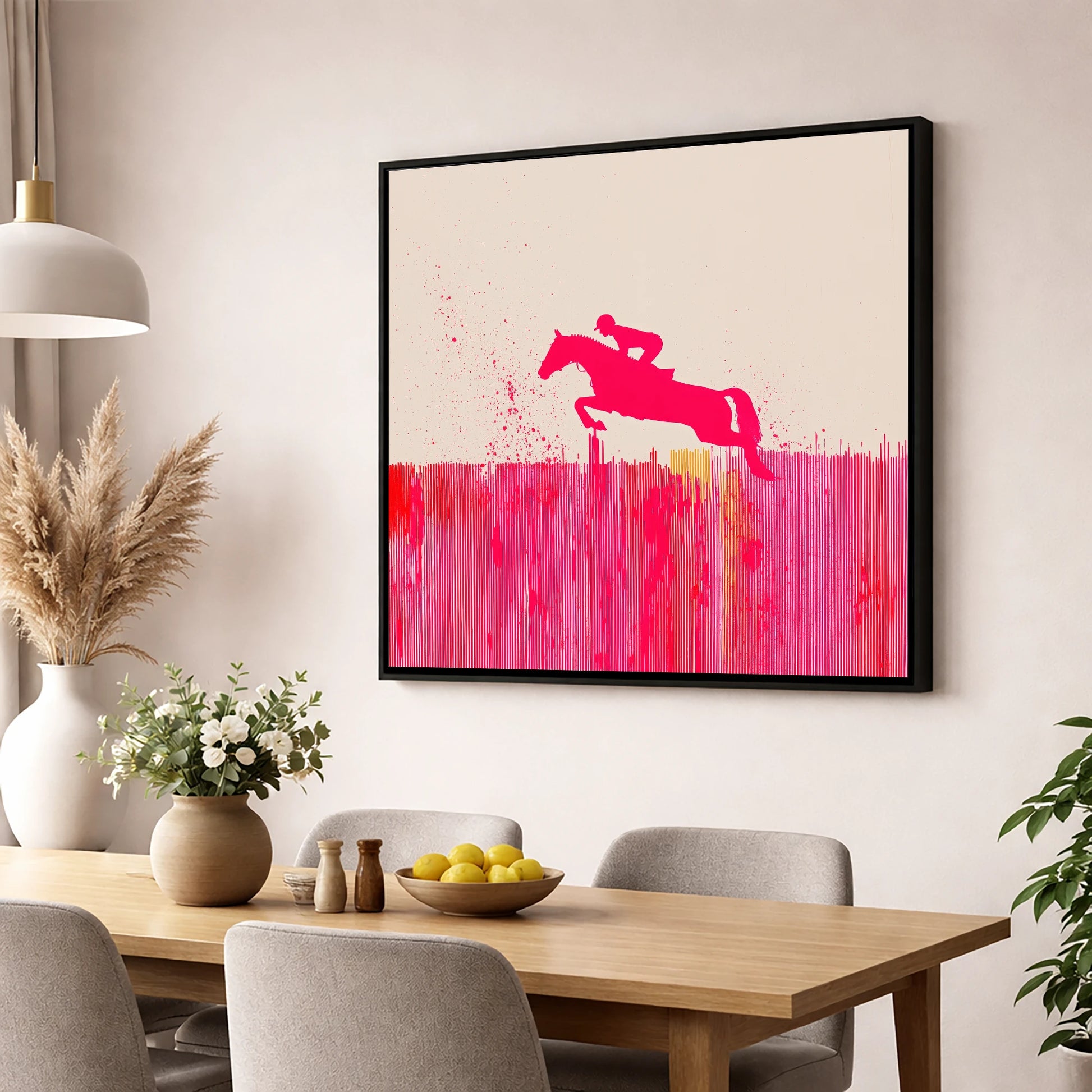 Vibrant Magenta Leap show jumping horse wall art displayed in a dining room