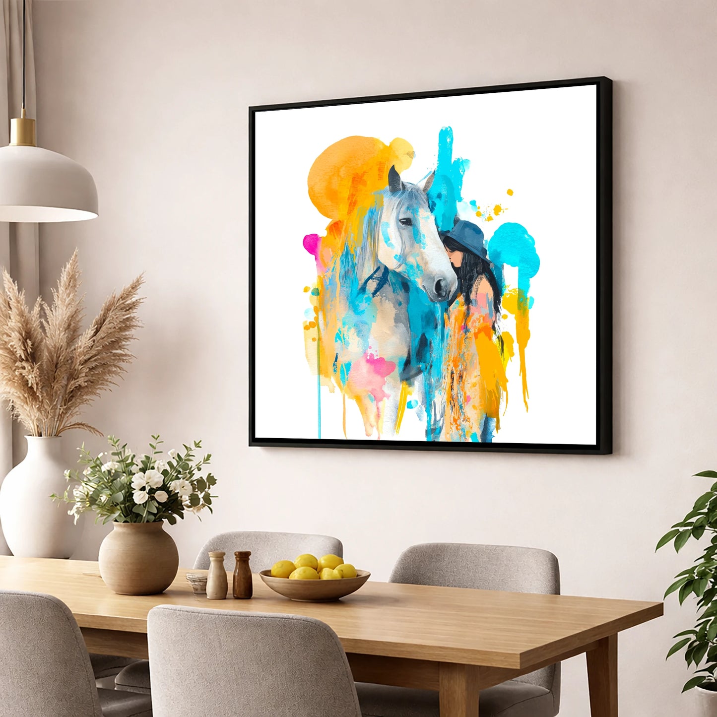 Vibrant Connection horse & rider wall art displayed in a dining room