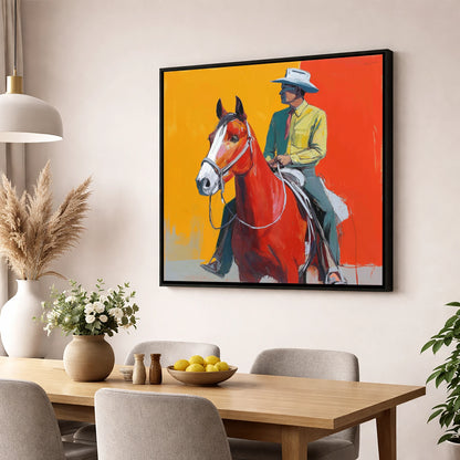 Vivid Horizon Rider western horse wall art displayed in a dining room