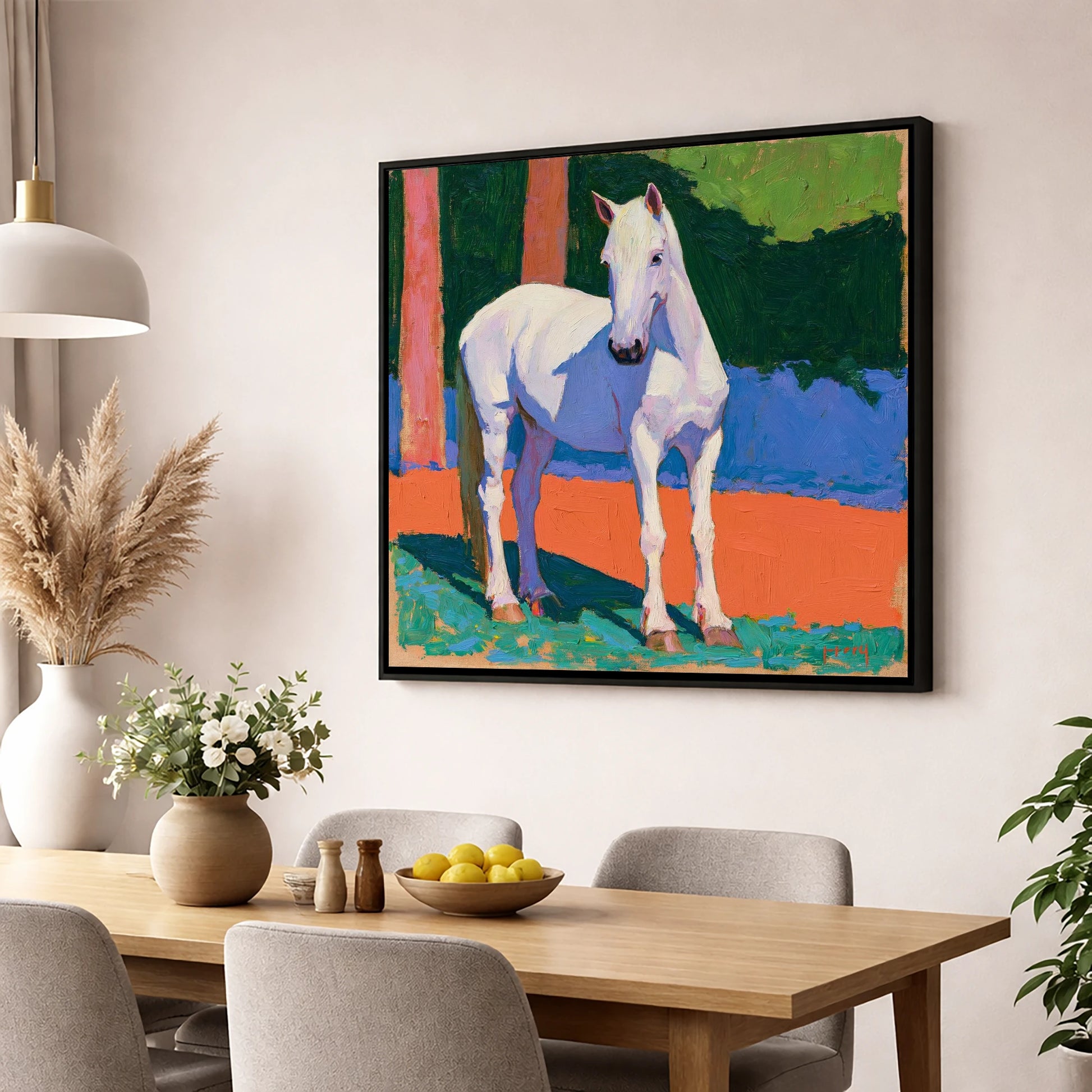 Vibrant Painted Grey Horse horse breed wall art displayed in a dining room