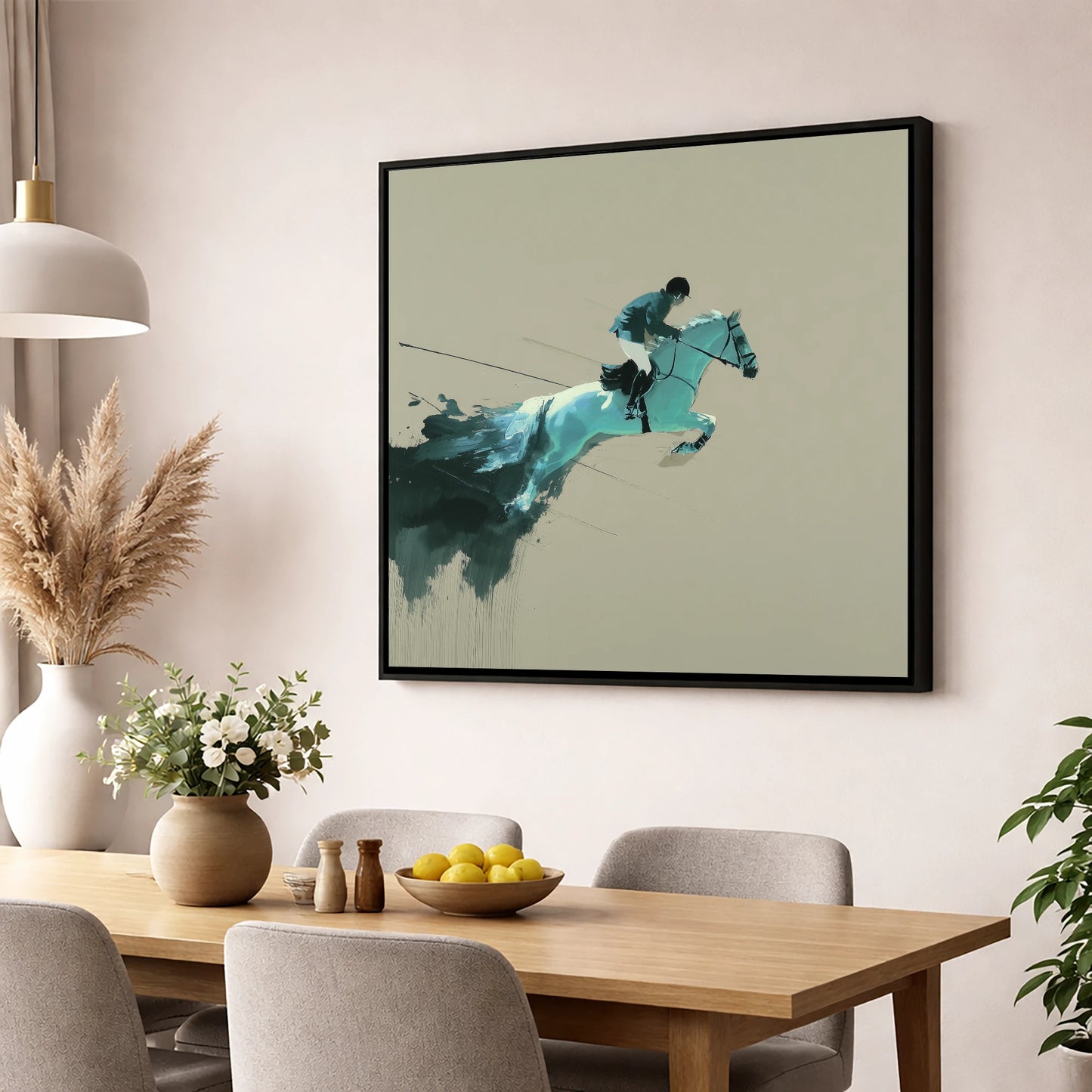 Momentum in Teal show jumping horse wall art displayed in a dining room
