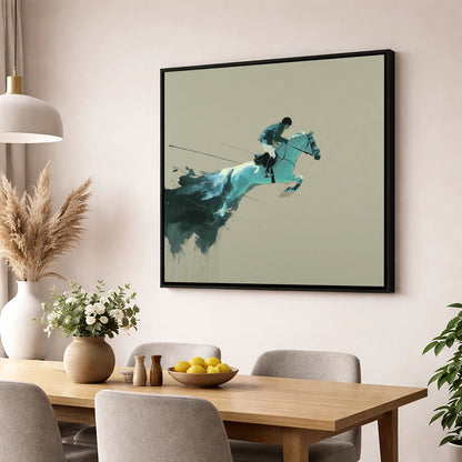 Momentum in Teal show jumping horse wall art displayed in a dining room