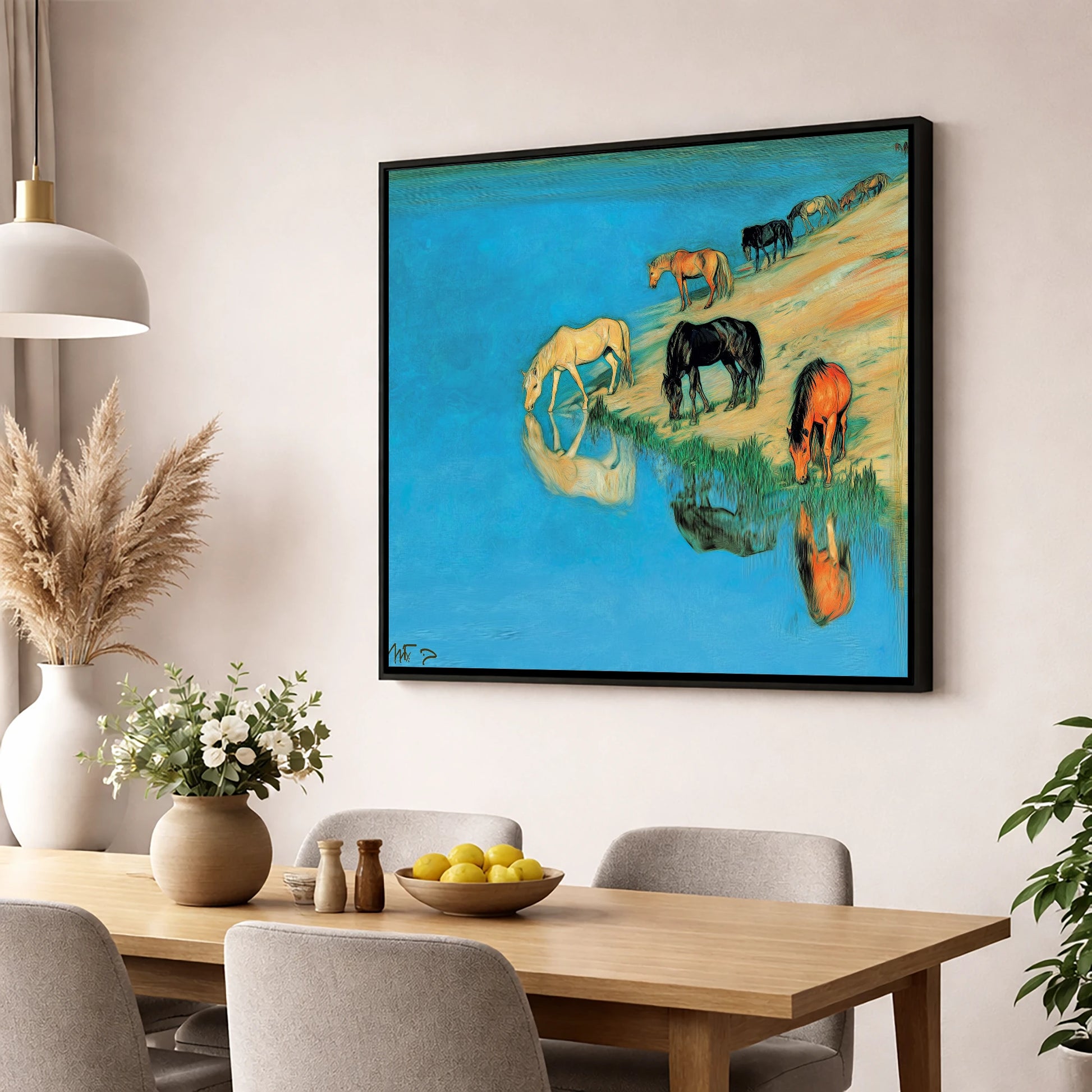 Azure Bank Reflections wild horses wall art displayed in a dining room