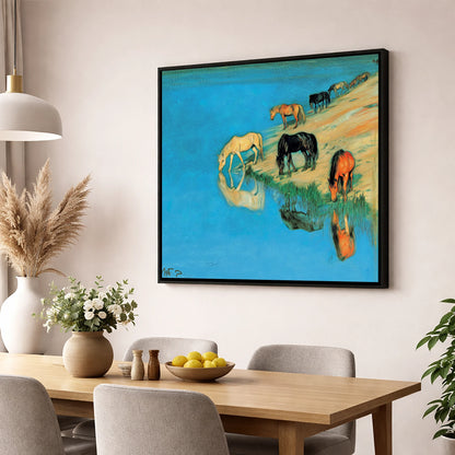 Azure Bank Reflections wild horses wall art displayed in a dining room